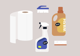 Brightly arranged cleaning supplies showcase eco-friendly paper towels, a sponge, cleaning spray, and soap, perfect for maintaining a sparkling and fresh home environment.