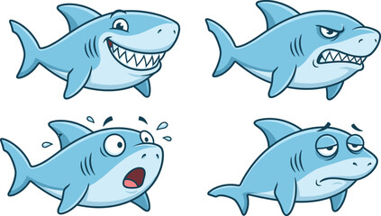 Cartoon sharks expressing emotions with facial gestures, happy, angry, scared, sad, underwater character set - flat vector illustration