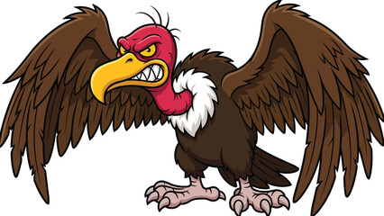 Cartoon vulture with angry face, red head, yellow beak, wide wings, fierce bird character pose - flat vector illustration