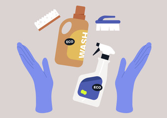 open hands reach out to showcase eco-friendly cleaning products, highlighting a commitment to sustainability and responsible choices in home maintenance
