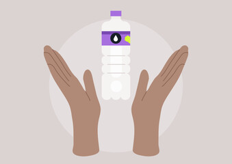 Open hands surround a water bottle, creating a sense of unity and purpose, This scene conveys a message of sharing and emphasizes the importance of hydration in daily life.