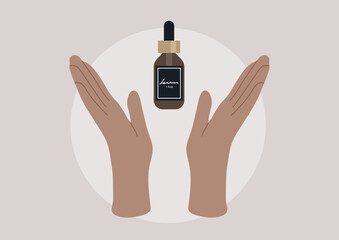 hands extend outward in a welcoming gesture, gently cradling a stylish serum bottle, The soft pastel background evokes a calm atmosphere, perfect for self-care