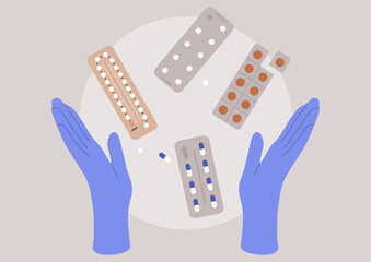 Two open hands cradle different types of medication, symbolizing compassion and care, This scene reflects a focus on health and well-being, encouraging thoughtful choices