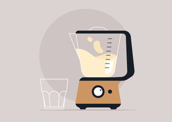 colorful milkshake blender sits on a countertop, mixing a creamy concoction while a glass waits eagerly nearby, ready to be filled