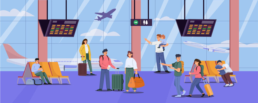 People waiting, walking, and sitting with luggage in a busy airport terminal with visible planes and information screens, flat cartoon style. Vector illustration