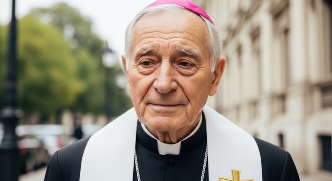 Elderly bishop with pink zucchetto in outdoor urban setting