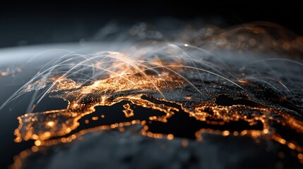 Global communication network displayed on a phone, wireless connection technology connecting the world, internet and data transfer represented by digital earth