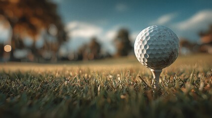 Golf ball sits on a tee amidst dewy grass, facing the rising sun on a golf course, symbolizing the start of a new day of golf and recreation