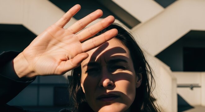 Woman shielding eyes from sunlight with hand in urban setting