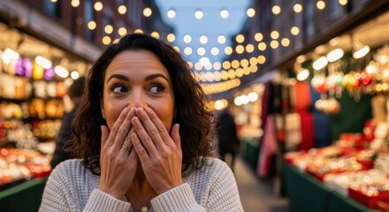 Surprised woman at festive evening market with string lights