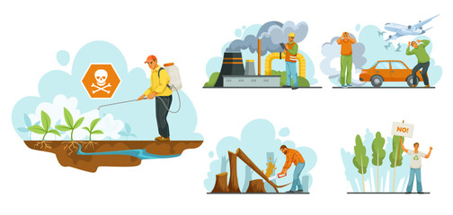 Set of people causing environmental harm by spraying pesticides, polluting air, creating noise, and cutting trees, with a protester in nature. Vector illustration