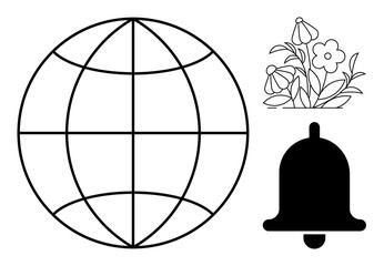 Communication, notifications, sustainability, environmental conservation, digital tools, global connection. A globe, bell and flowers in black and white. Communication and notifications concept