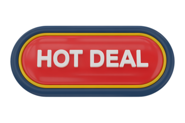3d icon Hot deal button in vivid red and yellow colors . Isolated on transparent background, png