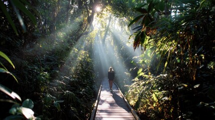 Woman on jungle boardwalk, sunlit canopy mist, from behind