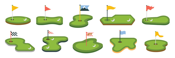 Golf Course Elements Vector Illustration with Flags, Golf Balls, Holes, and Fairway Icons for Sports Design and Recreation Background
