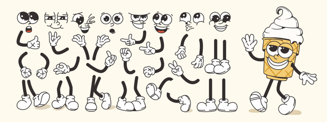 Cartoon ice cream cone character with multiple expressive face, arm, hand, and leg options on light background. Concept of customization. Vector illustration
