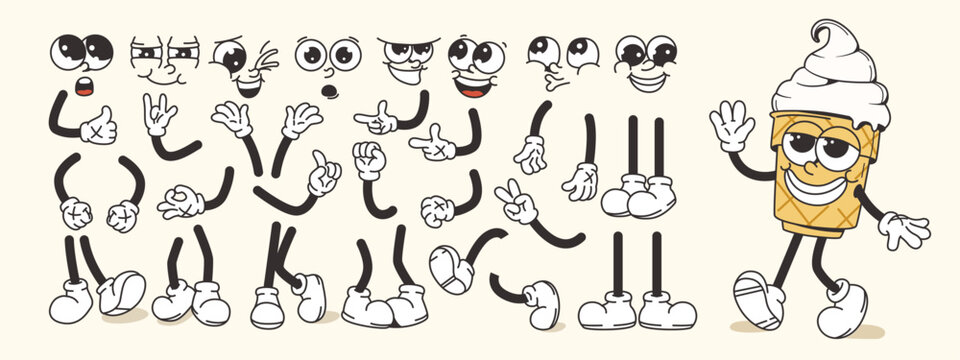 Cartoon ice cream cone character with multiple expressive face, arm, hand, and leg options on light background. Concept of customization. Vector illustration