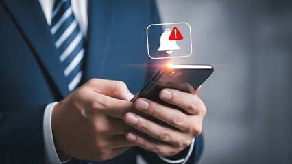 A businessman interacting with a smartphone and a virtual icon