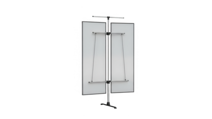 A freestanding double sided display stand with metal frame and shelves isolated on transparent background