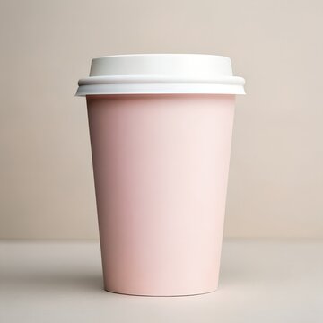 A pink disposable coffee cup with a white lid on a plain background