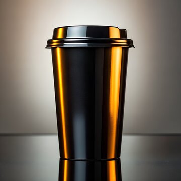A shiny metallic travel cup with a reflective surface