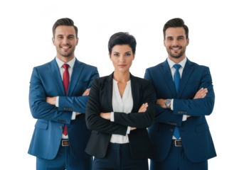 Three professional business people standing confidently isolated on transparent background