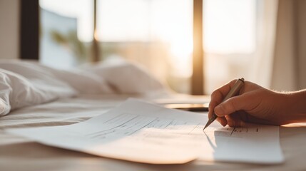 A Person Writing on a Document While Sitting on a Bed in a Sunlit Room with Soft Bedding and a Calm Atmosphere