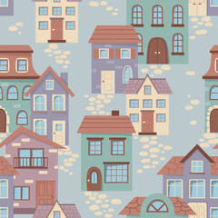 Cute residential buildings in flat style arranged in seamless pattern on light blue background. Concept of urban housing and neighborhood. Vector illustration