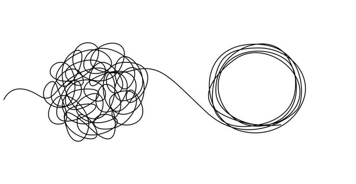 Animated self drawing of : Chaotic tangled line transforms into circle knot illustration. Abstract concept showing problem-solving path from mess to order in vector graphic format.