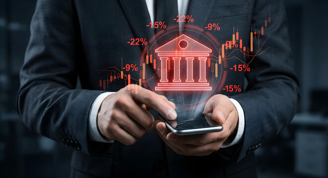 Digital banking security concept with mobile phone and bank icon with financial data visualization - Powered by Adobe