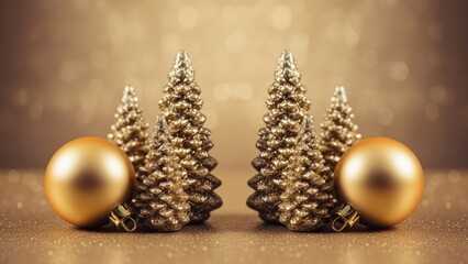 Festive gold trees & ornaments gleam against a bokeh, sparkling backdrop