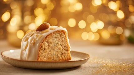 Simnel cake with almond glaze on wooden table in warm lighting
