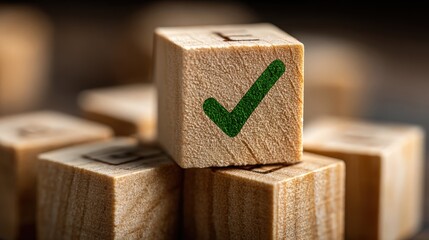 Wooden block displays green checkmark representing achievement and compliance