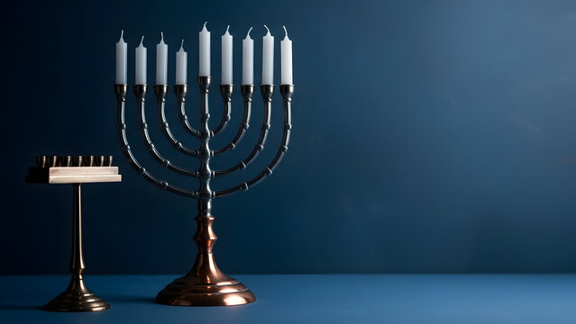 A traditional menorah and shamash candle holder on a blue background
