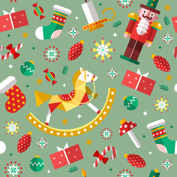 Festive Christmas pattern with toys, gifts, and ornaments in flat style on green background. Concept of holiday celebration. Vector illustration
