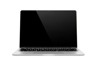 Modern silver laptop with black screen on white background