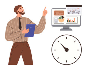 Man holding clipboard, pointing at data charts and graphs on monitor alongside large clock. Ideal for analytics, presentations, time management, strategy, business scheduling, planning, flat metaphor
