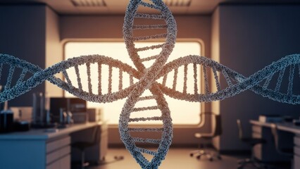 Intertwined DNA helixes in a bright, sterile lab with office setting