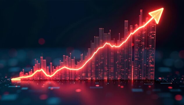 3D glowing holographic financial chart showing exponential rise 