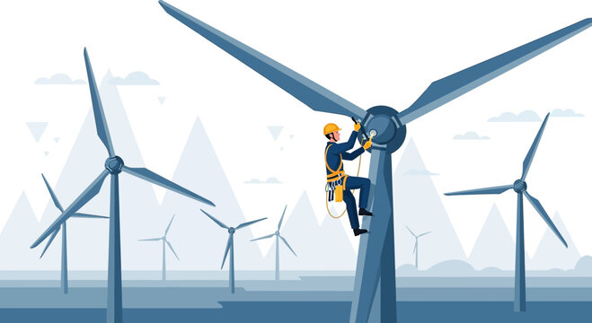 Illustration depicting a worker maintaining a wind turbine in a wind farm landscape showcasing