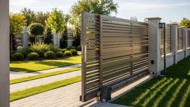 Modern gate open to lush green lawn, stone driveway and trees background