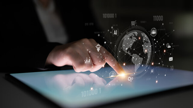 Global AI-powered digital network ecosystem connecting data, finance, analytics, ecommerce, communication, and automation across continents through technology and cloud Latch