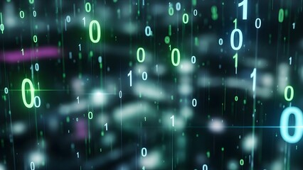 Abstract binary code flowing in a digital stream with bokeh lights in the background