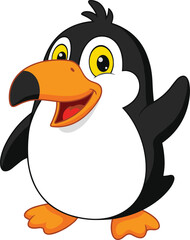 Cartoon penguin with cheerful expression, black and white body, orange beak and feet, cute animal character, flat vector illustration