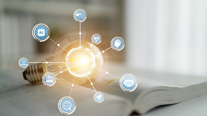 This image features a glowing lightbulb amidst digital icons, symbolizing innovation and technology. It captures the essence of creativity and the exchange of ideas in a modern world. Crux