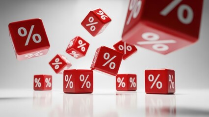 Red cubes with % symbol float on a shiny surface, signifying discounts