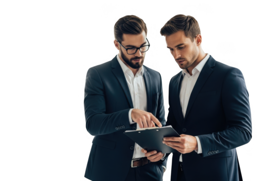 Two businessmen in suits collaborating on a tablet isolated on transparent background - Powered by Adobe