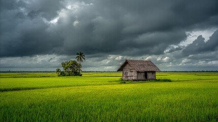 Obraz premium Serene Rural Landscape with a Traditional Wooden House Surrounded by Lush Green Rice Fields and Dramatic Cloudy Sky in the Background