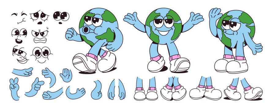 Cartoon Earth mascot character kit with multiple facial expressions, arms, and leg poses on white background. Concept of customization. Vector illustration