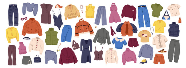 Diverse set of casual and trendy clothes for men and women in flat graphic style on white background. Concept of fashion, outfit, and wardrobe. Vector illustration